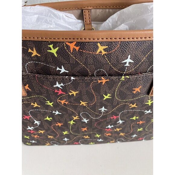 Michael Kors Jet Set Brown MultiColor Airplane Print Carryall Tote Purse Bag NEW - Picture 12 of 13